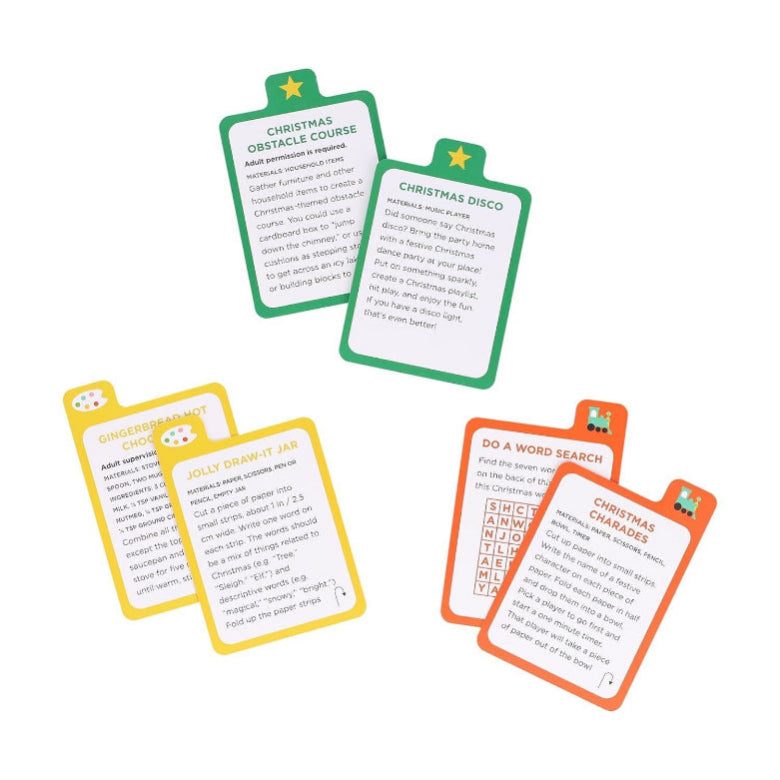 Six Christmas-themed educational activity cards arranged on a plain white background. The cards feature different colored borders (green, yellow, orange, and white) with festive titles including 'Christmas Obstacle Course', 'Christmas Disco', 'Gingerbread Sandwich', 'Jolly Drinker Jar', 'Do a Word Search', and 'Christmas Charades'.