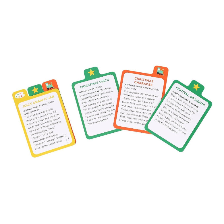 Four Christmas-themed card games fanned out on a white background. The cards have colorful borders (yellow, green, orange, and green) with playful holiday titles like 'Jolly Jolly Jar', 'Christmas Disco', 'Christmas Characters', and 'Festival of Lights'.