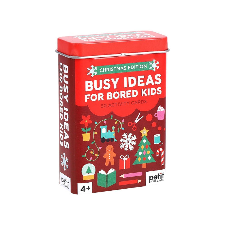 A red metal tin of Petit Petits 'Busy Ideas for Bored Kids' Christmas Edition activity cards, featuring festive illustrations of a Christmas tree, gingerbread man, and snowflakes on a white background.