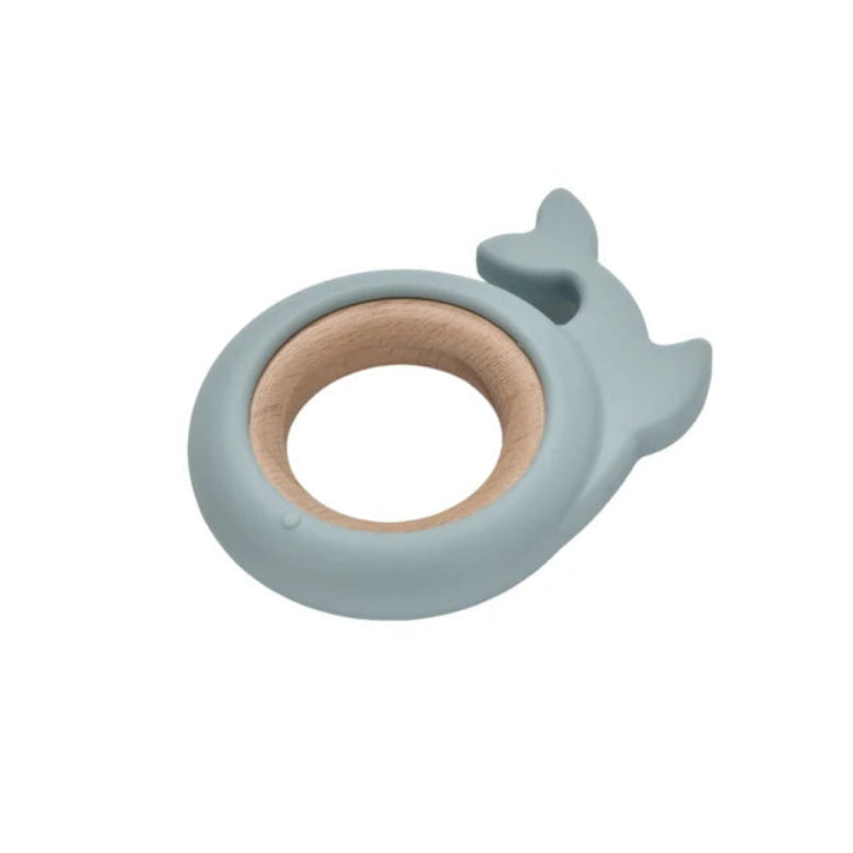Teething ring shaped like a whale with a wooden center on a white background
