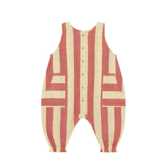 Striped romper with red and beige pattern on a white background