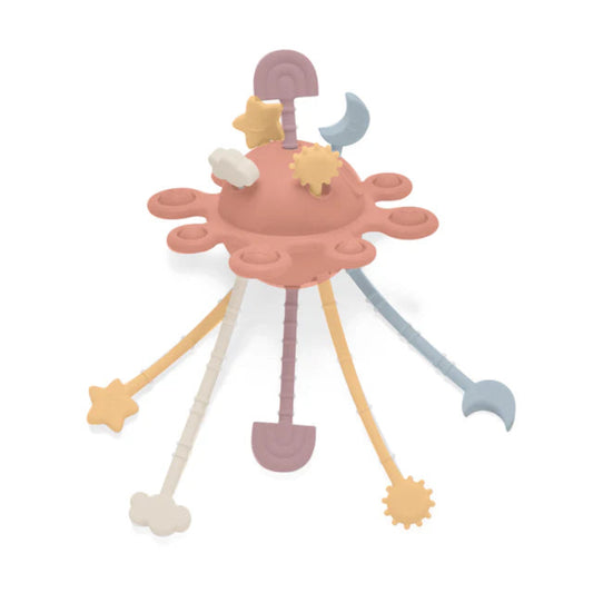 Colorful baby mobile with various shapes on a white background