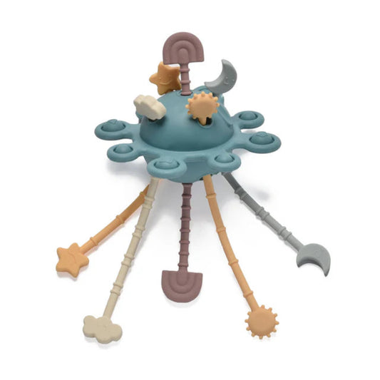 Colorful baby teething toy with multiple attachments on a white background