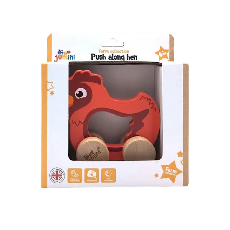 Red push-along hen toy in packaging with Jumini branding on a white background