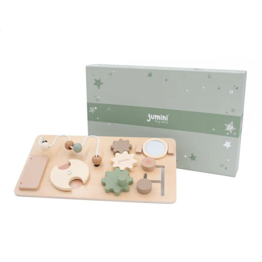 Wooden puzzle toy with shapes and a Jumini box on a white background