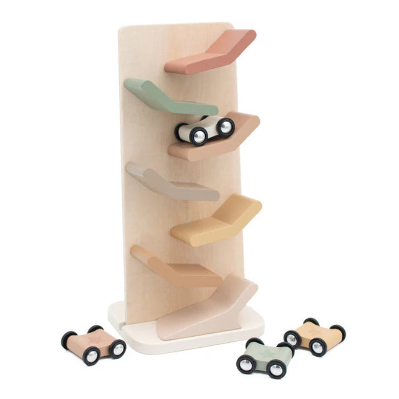 Wooden toy with multiple levels and small cars on a white background