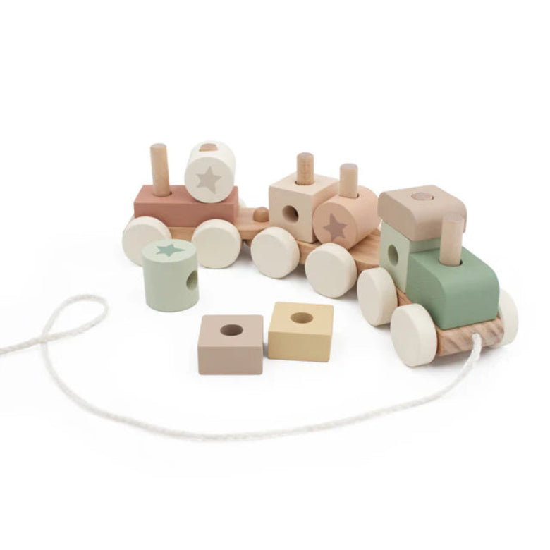 Wooden toy train with colorful车厢s on a white background