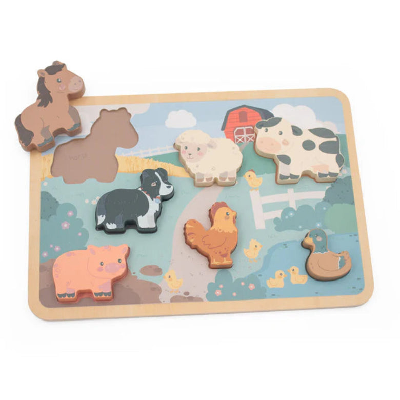 Wooden farm animal puzzle with colorful animal figures on a wooden board with a farm illustration.