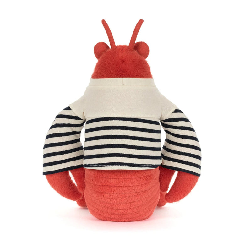 Plush toy lobster with a striped shirt on a white background