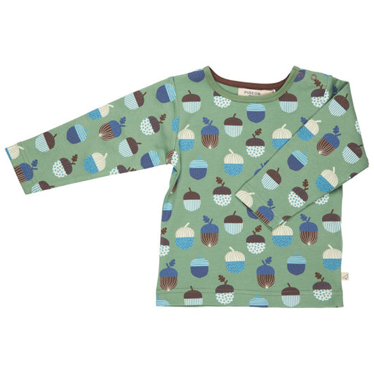 Green long-sleeve shirt with acorn pattern on a white background