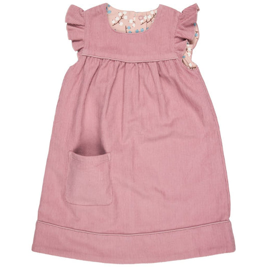 Pink dress with ruffled shoulders on a white background