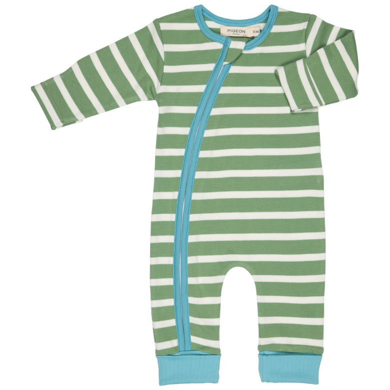 A long-sleeve baby footless one-piece sleeper with horizontal green and white stripes, featuring a turquoise blue zipper, cuffs, and collar trim, shown on a plain white background.