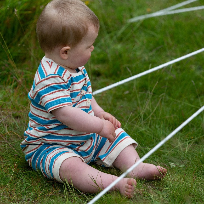 Blue & Walnut Stripe Organic Shortie Romper by Little Green Radicals