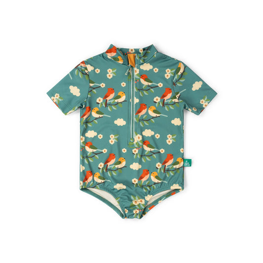 Children's swimsuit with bird pattern on a white background