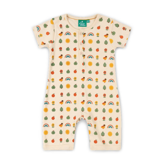 Baby romper with colorful fruit and rainbow pattern on a white background