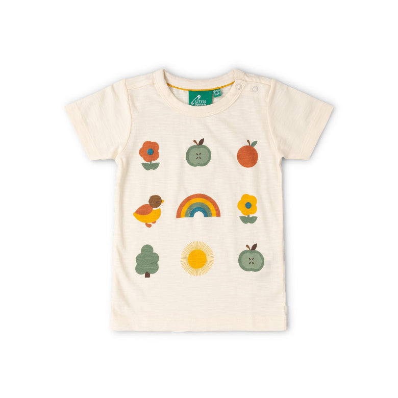 Beige t-shirt with colorful nature-themed graphics on a white background