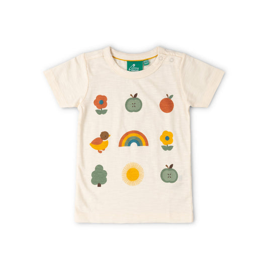 Beige t-shirt with colorful nature-themed graphics on a white background