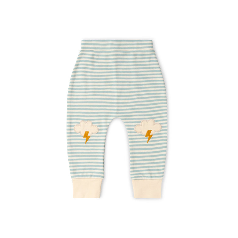 Striped baby leggings with cloud and lightning bolt designs on a white background