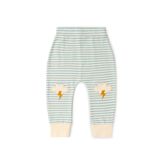 Striped baby leggings with cloud and lightning bolt designs on a white background