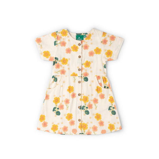 Floral dress with yellow and orange flowers on a white background