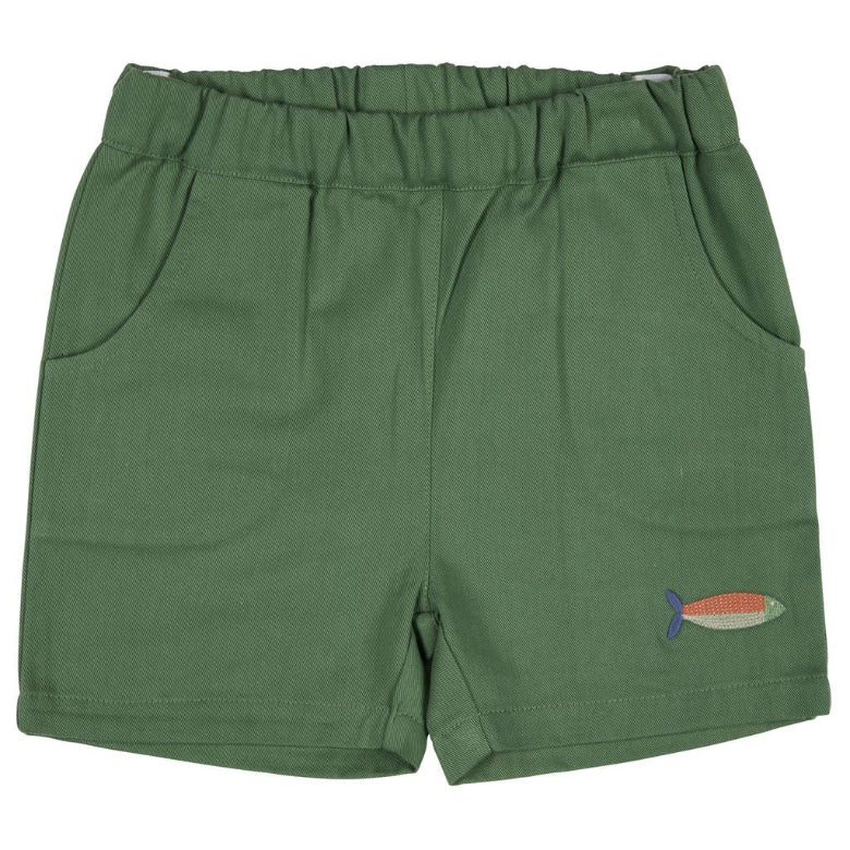 Green shorts with a fish design on a white background