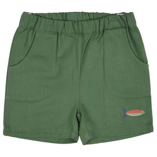 Green shorts with a fish design on a white background