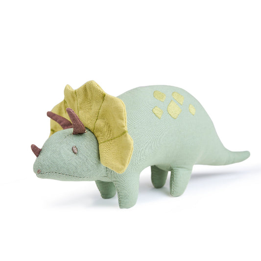 Plush dinosaur toy with green body, yellow frill, and brown horns on a white background