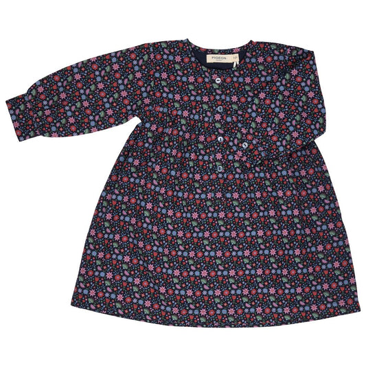 A long-sleeve button-front dress with an all-over small floral print in pink, blue, and white on a very dark navy or black background, photographed flat against a plain white background.