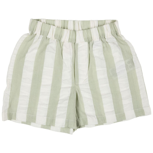 Green and white striped shorts on a white background