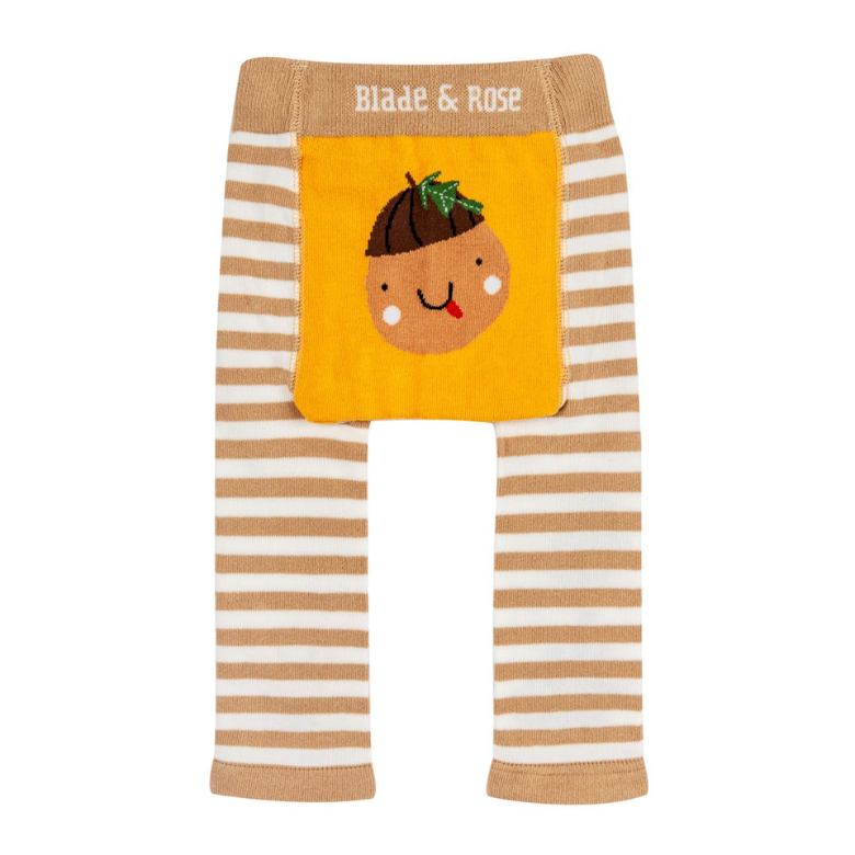 Toddler knit pants with beige and white horizontal stripes, featuring a large yellow front patch with a smiling acorn applique and the brand name 'Blade & Rose' printed on the waistband.