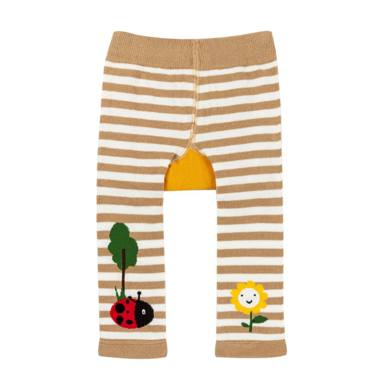 A pair of baby leggings with beige and white horizontal stripes, featuring a yellow pouch at the crotch, a ladybug and tree applique on the left leg, and a flower applique on the right leg, shown against a plain white background.