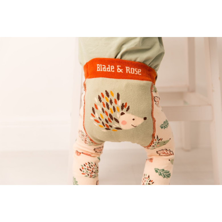 Toddler wearing patterned knit pants with a hedgehog design and a bright orange waistband that reads 'Blade & Rose', photographed indoors against a light neutral background.