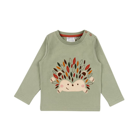 A light sage green long-sleeve baby t-shirt with a cute embroidered hedgehog design on the front, featuring a cream-colored face and spines decorated with colorful autumn leaves.