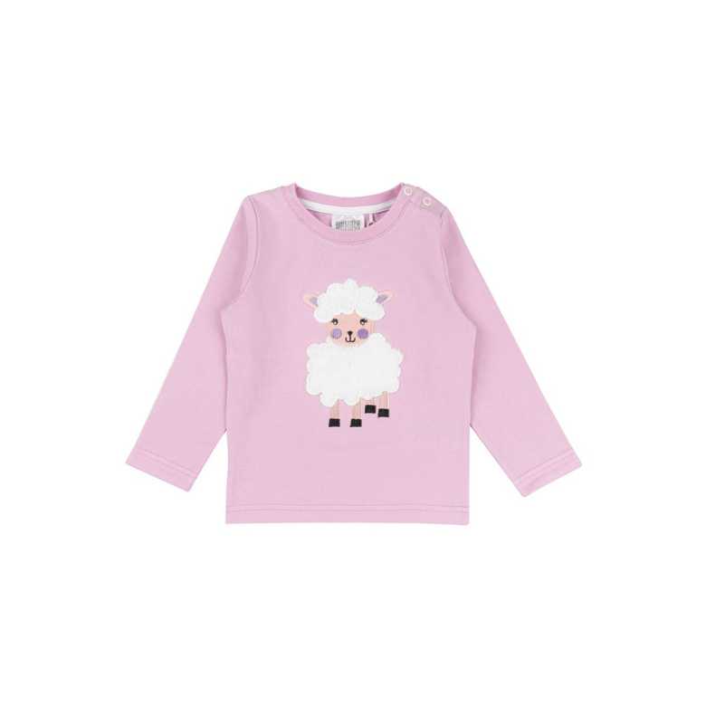 A light pink long-sleeve baby t-shirt featuring a cute cartoon sheep graphic on the front, displayed against a solid white background.