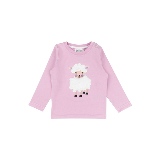 A light pink long-sleeve baby t-shirt featuring a cute cartoon sheep graphic on the front, displayed against a solid white background.