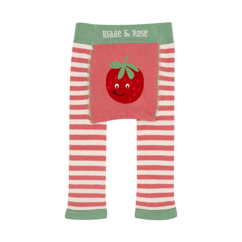 Toddler leggings with pink and white horizontal stripes, a green waistband with 'Blade & Rose' text, and a front patch pocket featuring a smiling red strawberry applique.