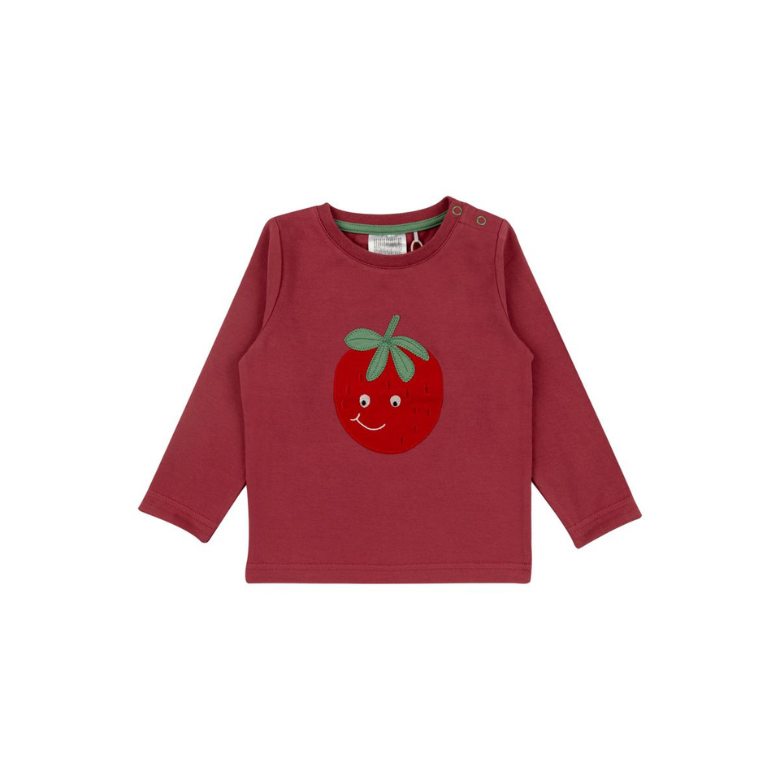 A toddler's long-sleeve top in a deep berry red, featuring a cute embroidered red strawberry with a smiling face and green leaves on the chest. The top has a crew neck and shoulder snap closures, shown flat on a white background.