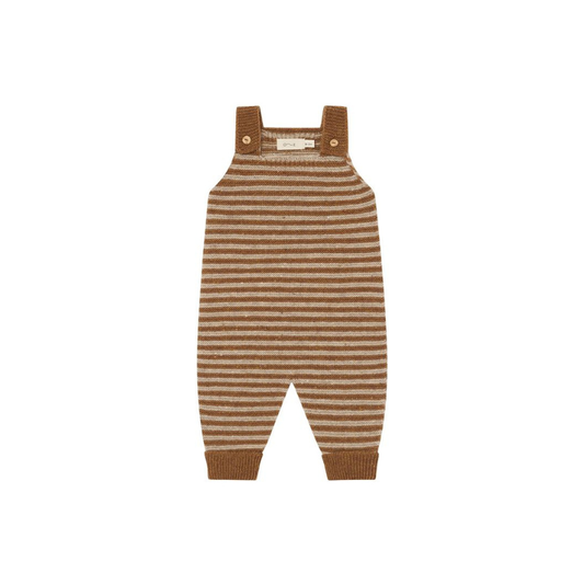 A baby knit overall romper with horizontal brown and beige stripes, featuring adjustable shoulder straps with snap buttons, photographed on a solid white background.