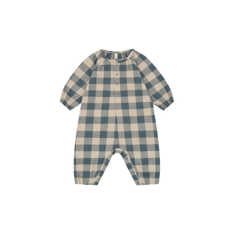 A baby long-sleeve footless one-piece romper in a muted blue and beige gingham check pattern, featuring a buttoned henley neckline.