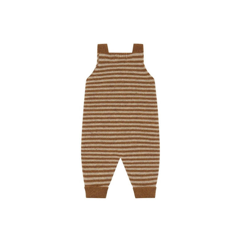 A baby knit jumpsuit with horizontal brown and beige stripes, featuring a bib-style neckline and ribbed ankle cuffs, shown flat on a white background.