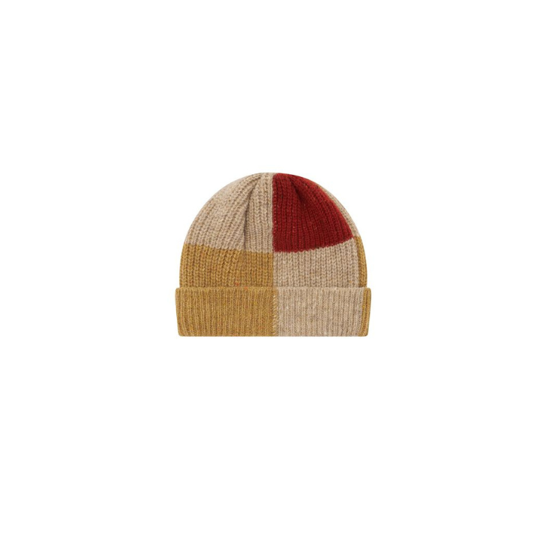 A ribbed knit beanie hat with a four-block color pattern of beige, mustard yellow, and deep red, shown against a plain white background.