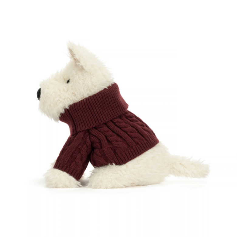 A plush white dog toy wearing a burgundy cable-knit turtleneck sweater, shown against a plain white background.