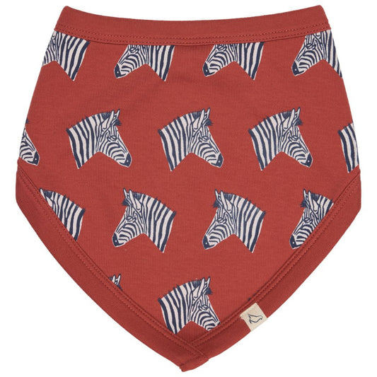A red baby bandana bib featuring an all-over print of zebra heads, shown flat against a white background.