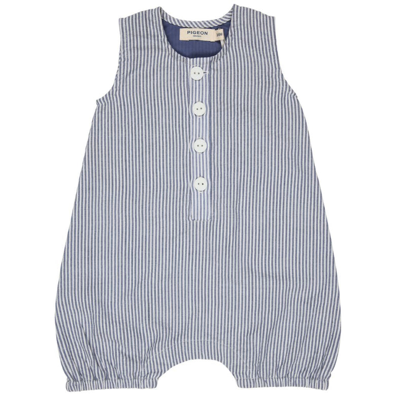 Blue and white striped baby romper with buttons on a white background