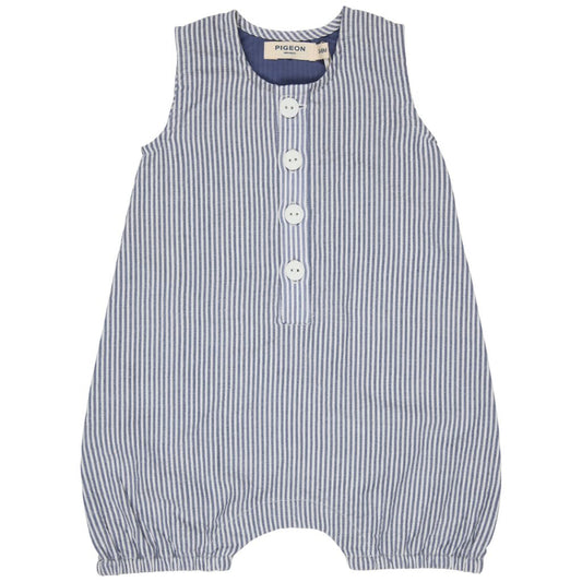 Blue and white striped baby romper with buttons on a white background