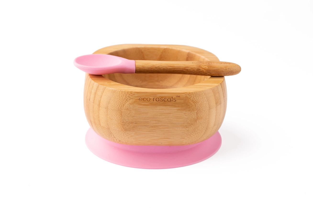 Pink Bamboo Suction Bowl and Spoon Set by Eco Rascals