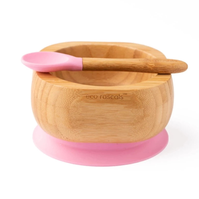 Pink Bamboo Suction Bowl and Spoon Set by Eco Rascals