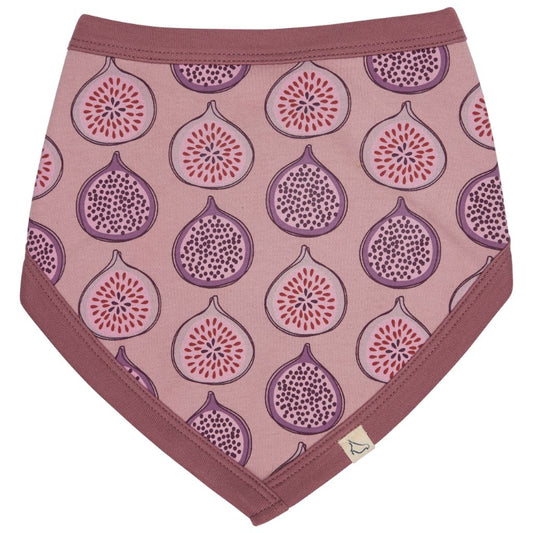 A triangular bandana bib with a dusty rose pink background, featuring an all-over print of stylized figs in purple and red. The bib has a solid dusty rose border and a small white brand tag near the bottom right corner.