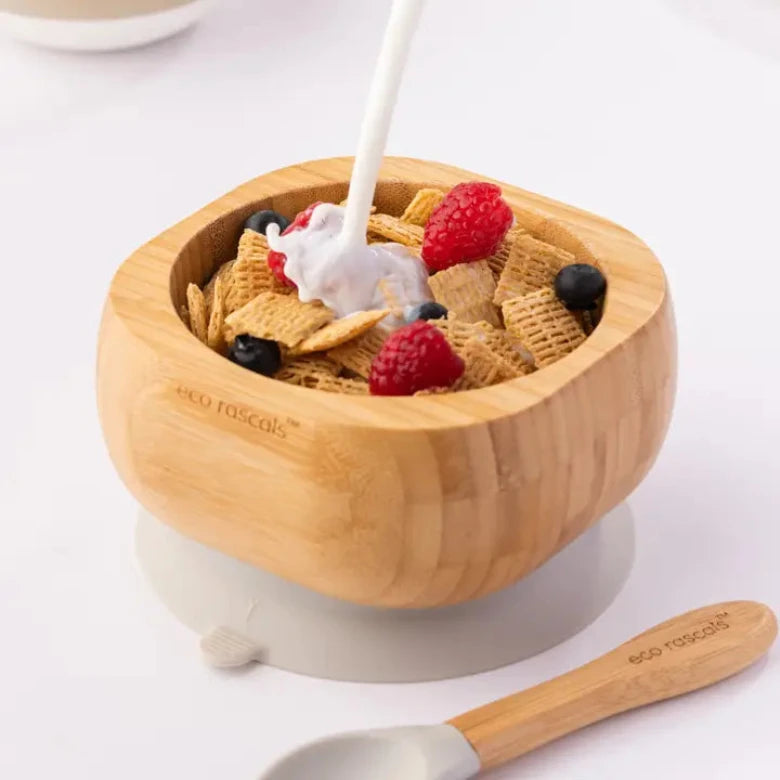 Grey Bamboo Suction Bowl and Spoon Set by Eco Rascals