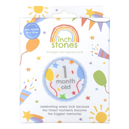 Packaging of Inch Stones milestone badges with colorful design and text.